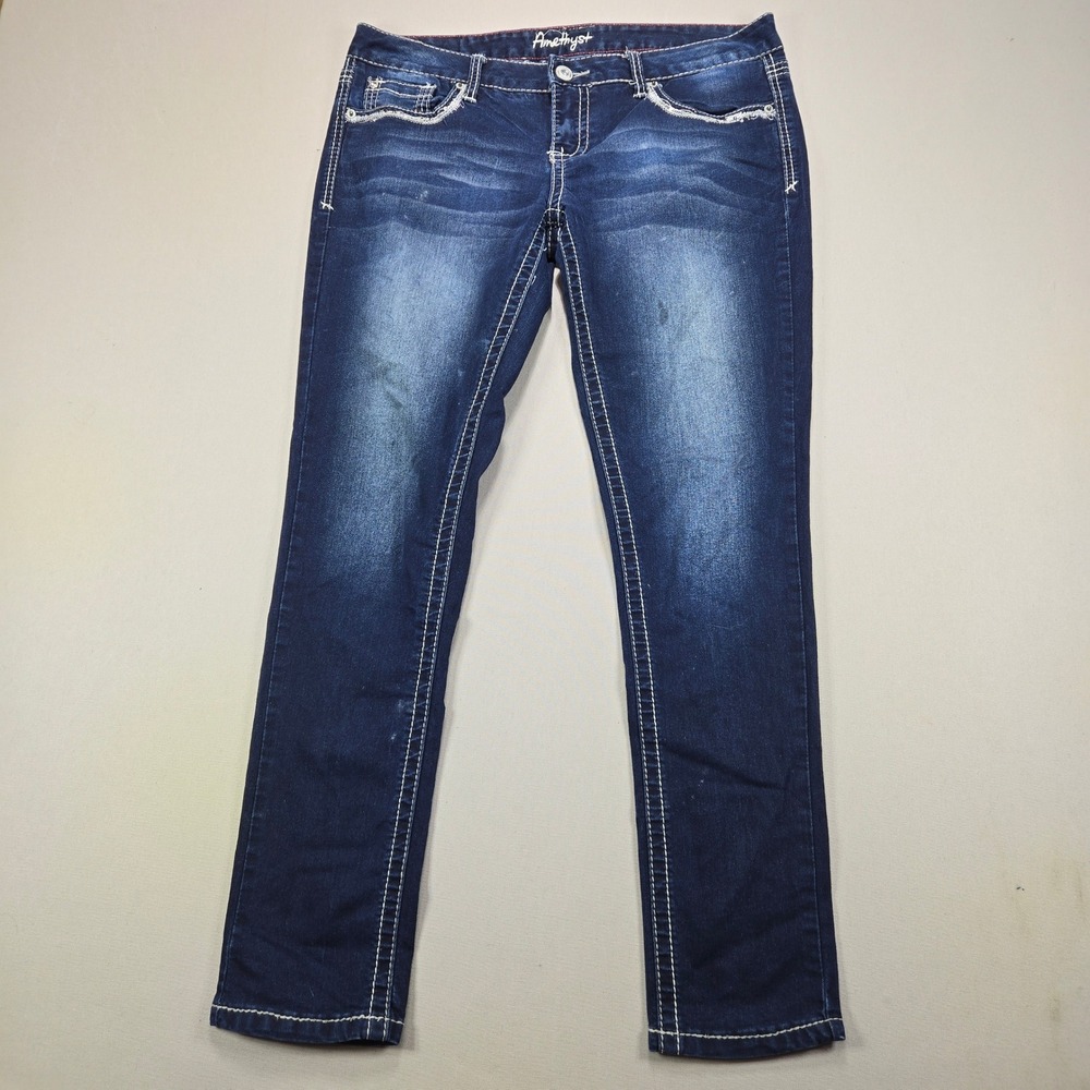 Amethyst Skinny Jeans Thick Stitch Embroidered Bling Dark Wash Womens Size 13